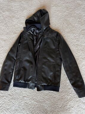 Women’s NYC Black Hooded Faux Leather Jacket
